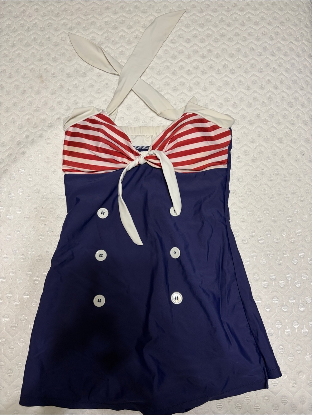 Navy Blue Nautical Swim Dress with Red & White Striped Bust